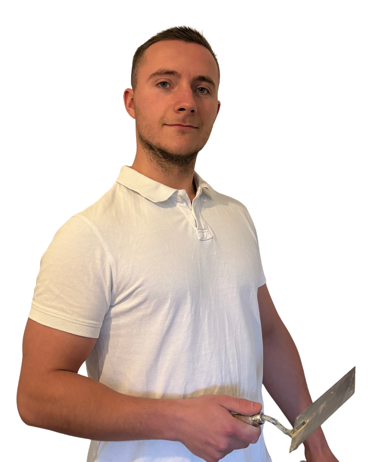 Fliesenlegermeister Florian Bücker mit einer Kelle in der Hand