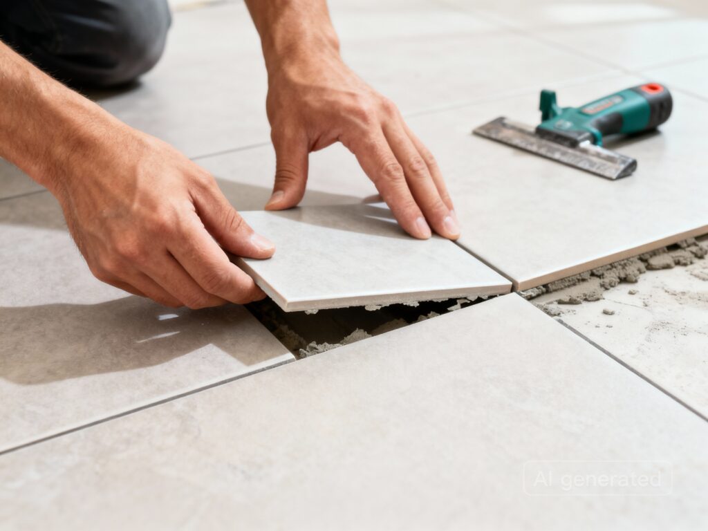 Eine Fliese wird ausgetauscht welche beschädigt war